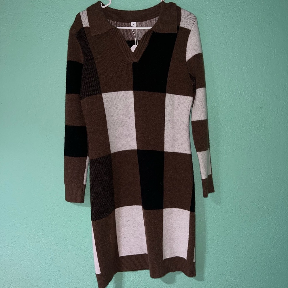 Chunky Check Knit Sweater Dress in Brown, Black & White